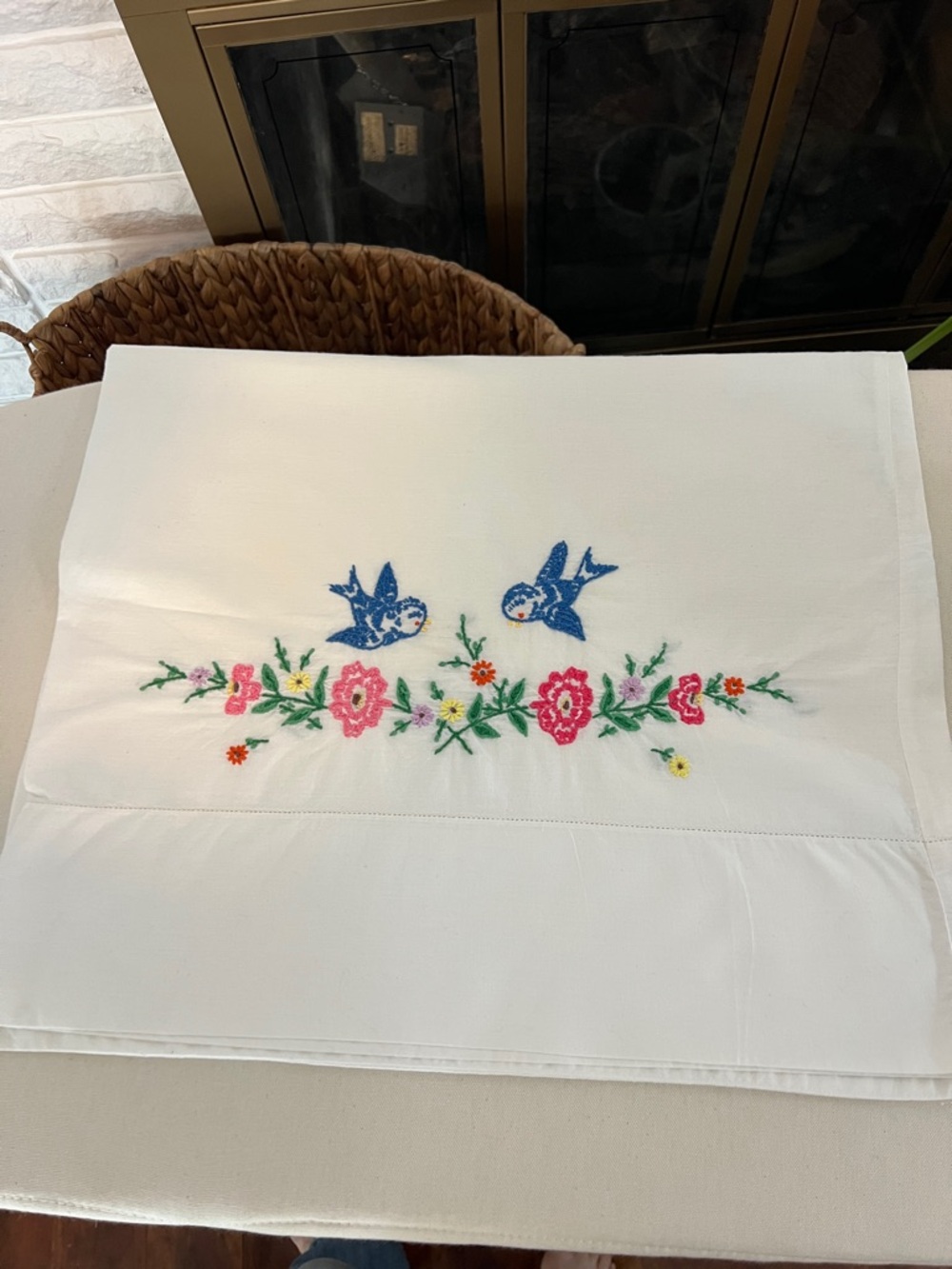 Crewel Embroidered Floral & Bird Pillowcase - bright and clean vintage
